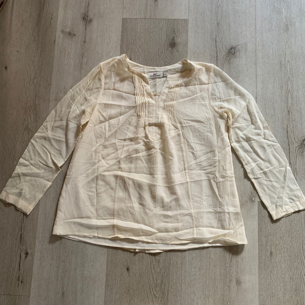 Vineyard Vines Ivory Silk Cotton Blend Pintuck Split Neck Blouse Womens Small